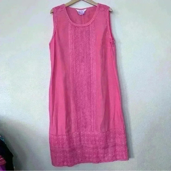 monsoon Linen Dress Shift Dress Salmon Sleeve side slit pockets Size 8 US - Picture 1 of 8